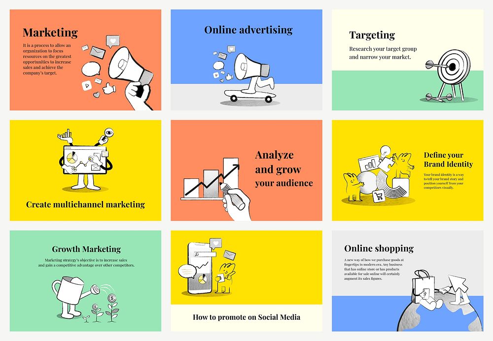Editable marketing banner templates vector doodle illustrations for business set