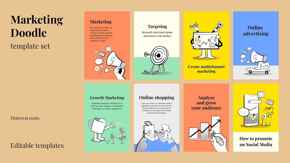 Editable online business templates psd with doodle illustrations for marketing set