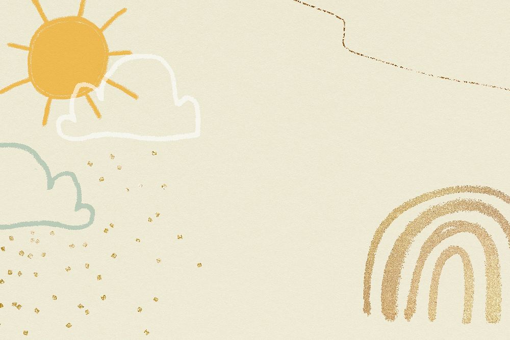 Sunny weather background psd in pastel yellow with glittery cute doodle illustration for kids
