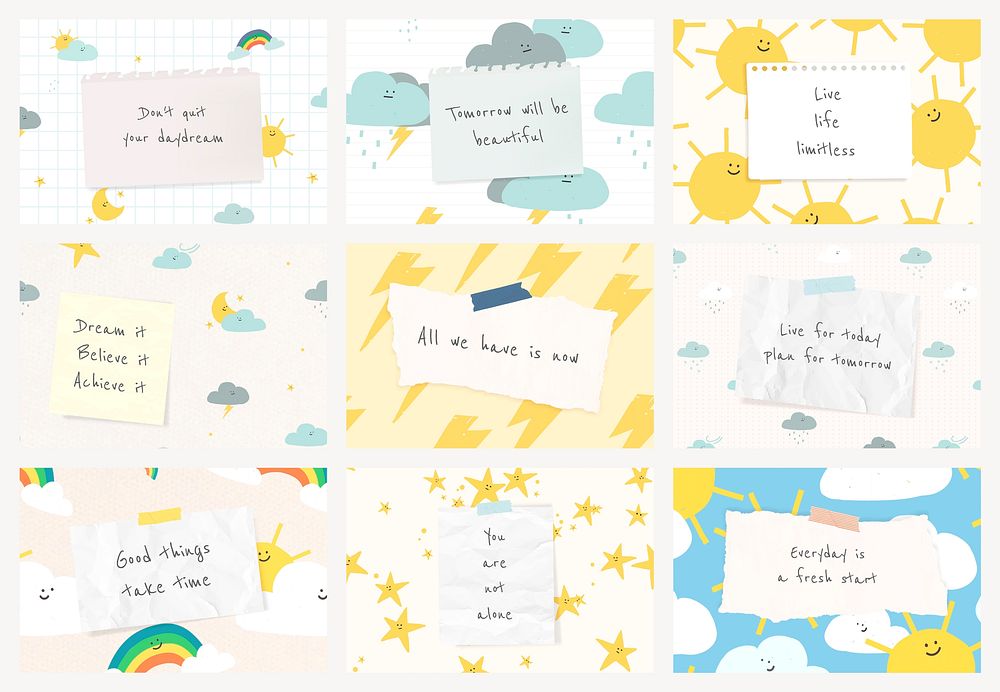 Motivational quote template vector with cute weather doodle collection compatible with AI