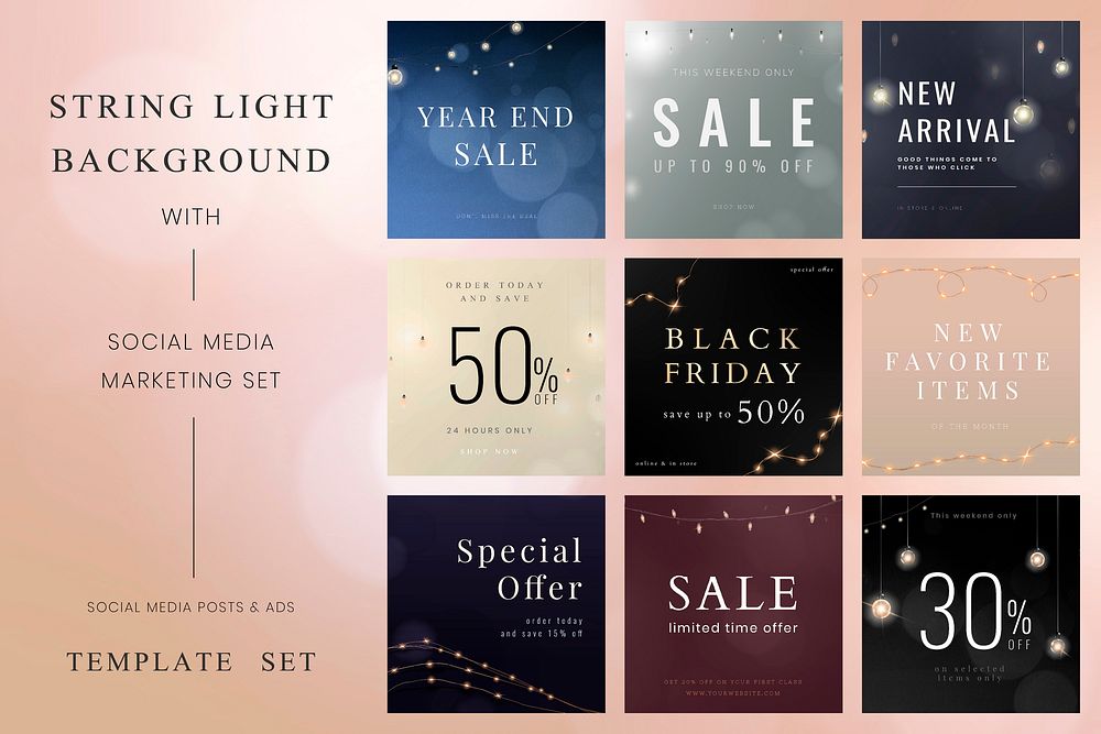 Social media template vector editable marketing posts with aesthetic lights set
