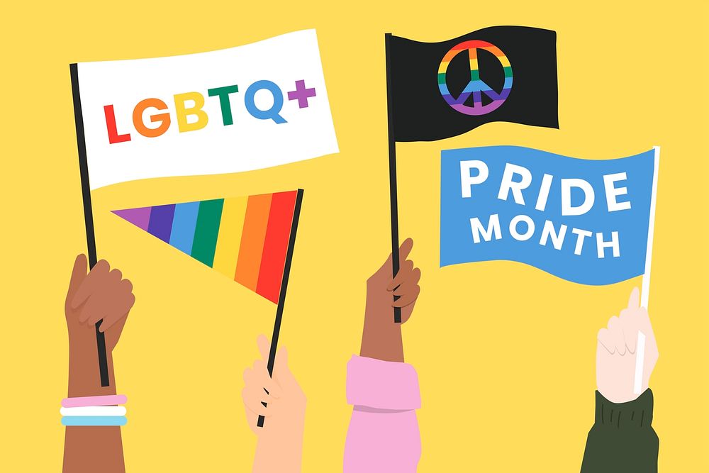 LGBTQ Pride month psd with hand waving rainbow flag
