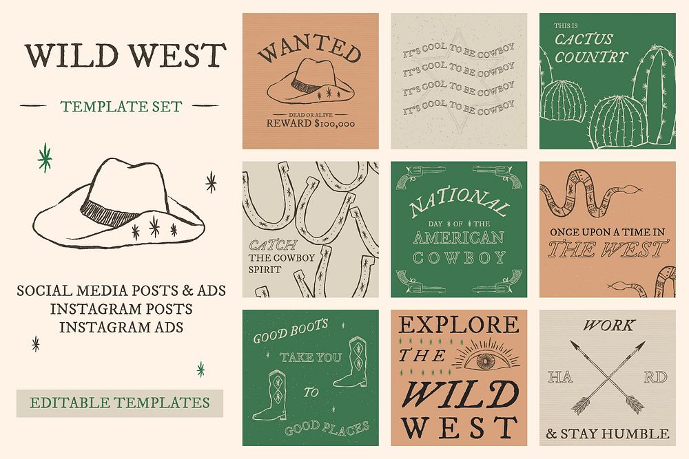 Cowboy themed graphic vector with text collection