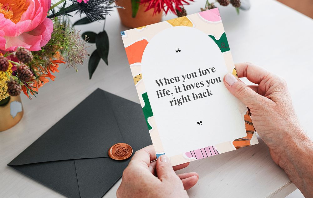 Card mockup psd with colorful ripped paper collage frame and motivational quote