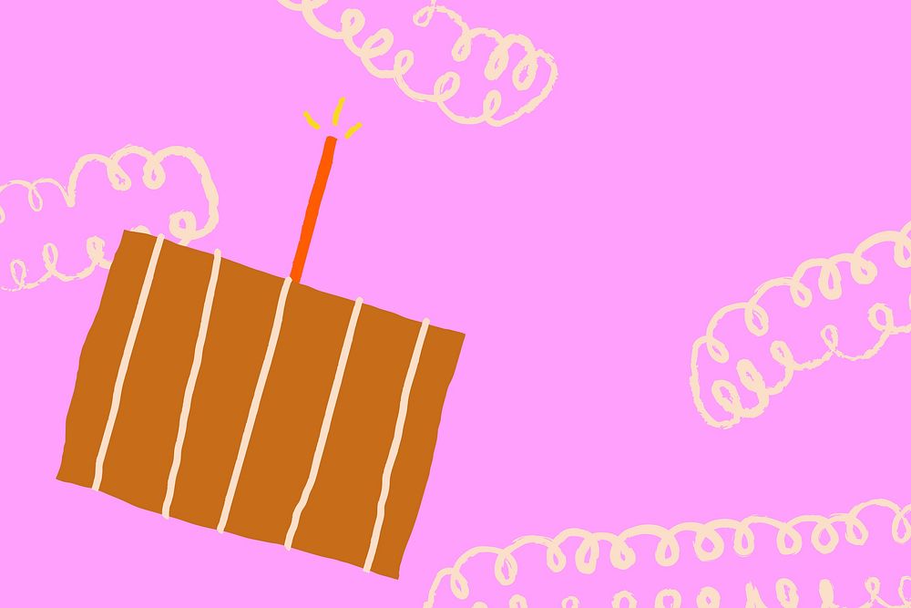 Pink doodle birthday background vector with cute cake