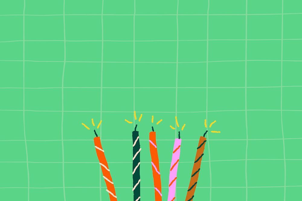 Green grid birthday background psd with cute doodle candles