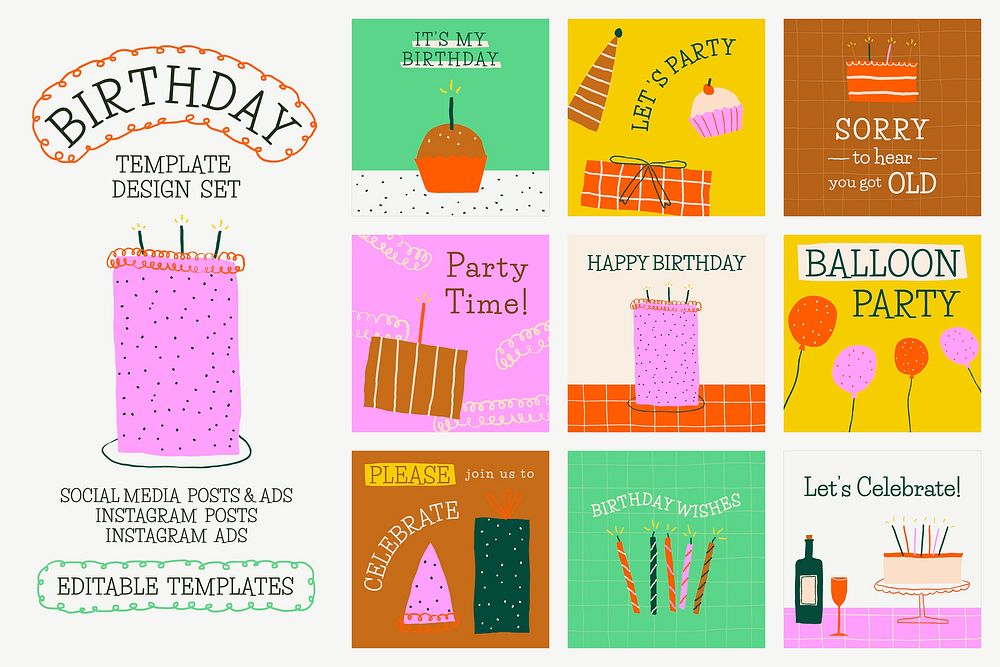Doodle birthday party template vector cute social media post set