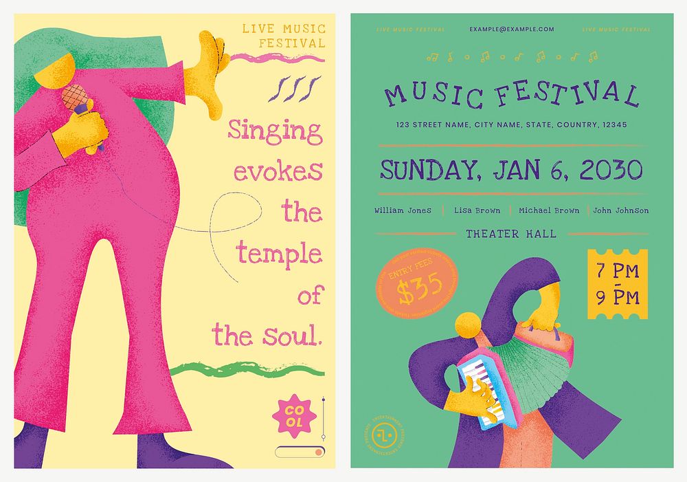 Colorful concert poster template psd with musicians flat graphic