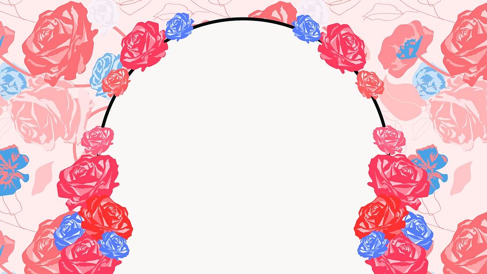Cute floral arched frame with pink roses on white background