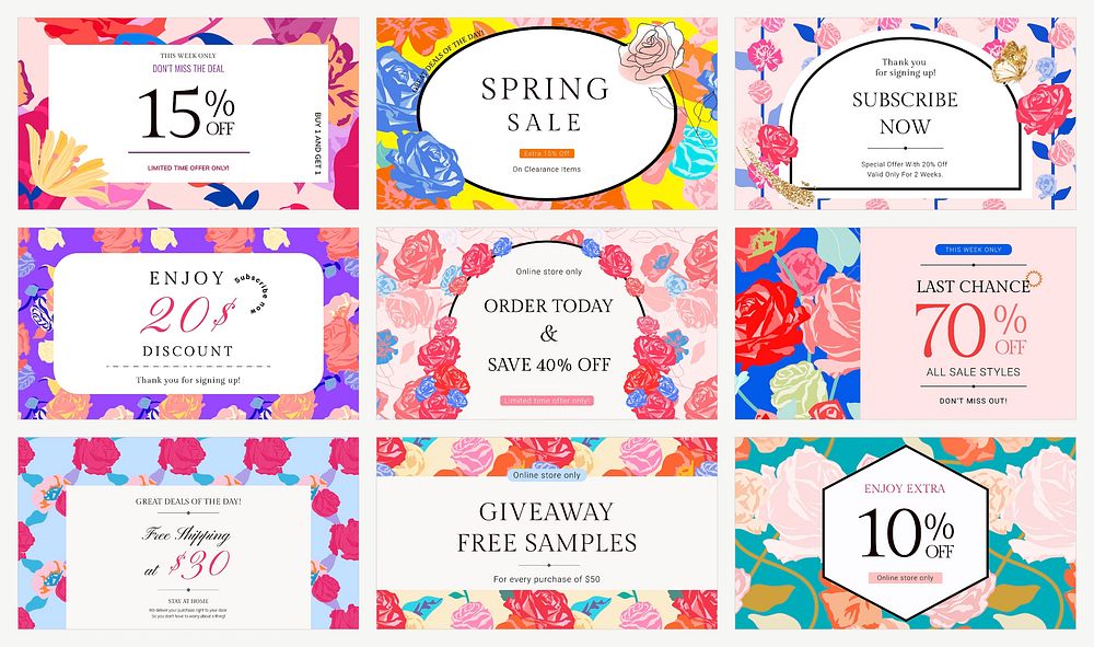 Feminine floral SALE template psd with colorful roses fashion ad banner set