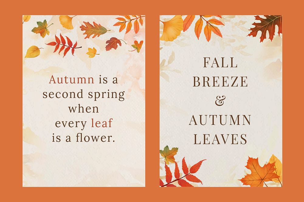 Autumn quote poster template psd set with orange leaves