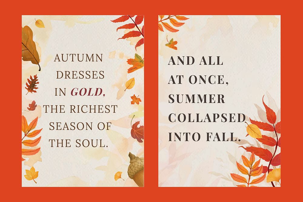 Autumn quote poster template psd set with orange leaves