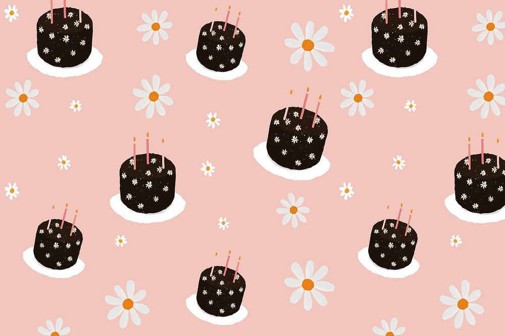 Birthday cake patterned background psd with daisy flowers cute hand drawn style