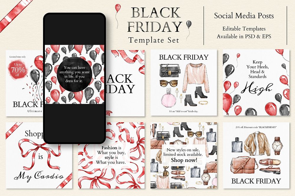 Black Friday sale template psd set for social media posts