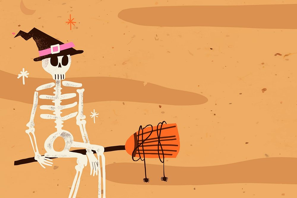 Halloween background wallpaper PSD, spooky skeleton witch illustration