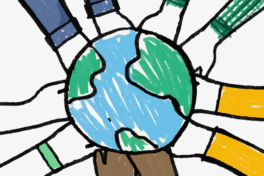 Environment doodle psd, hands holding globe