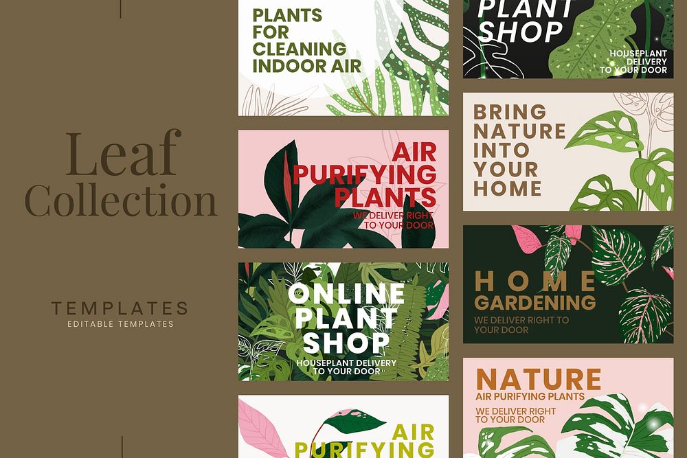 Blog banner template psd botanical background with leaf collection text set