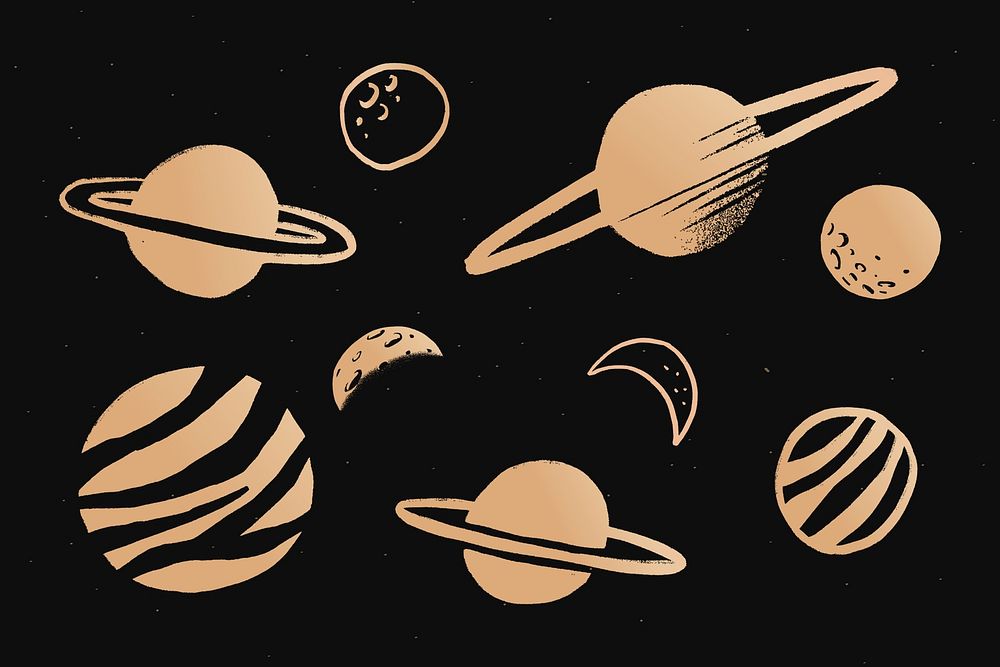 Cute solar system gold psd galaxy doodle illustration sticker