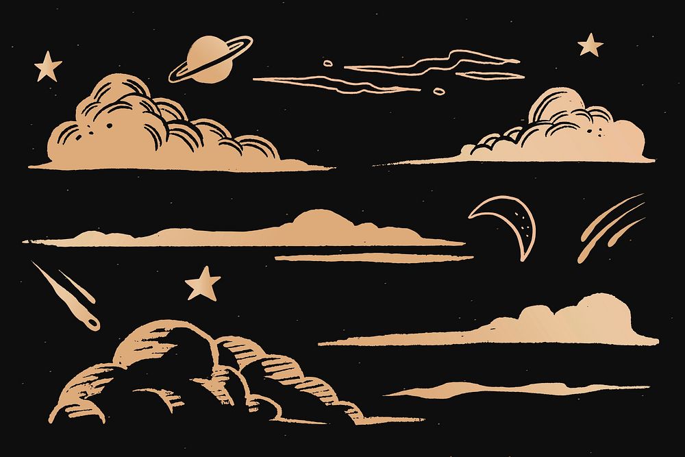 Clouds and sky gold vector space doodle sticker