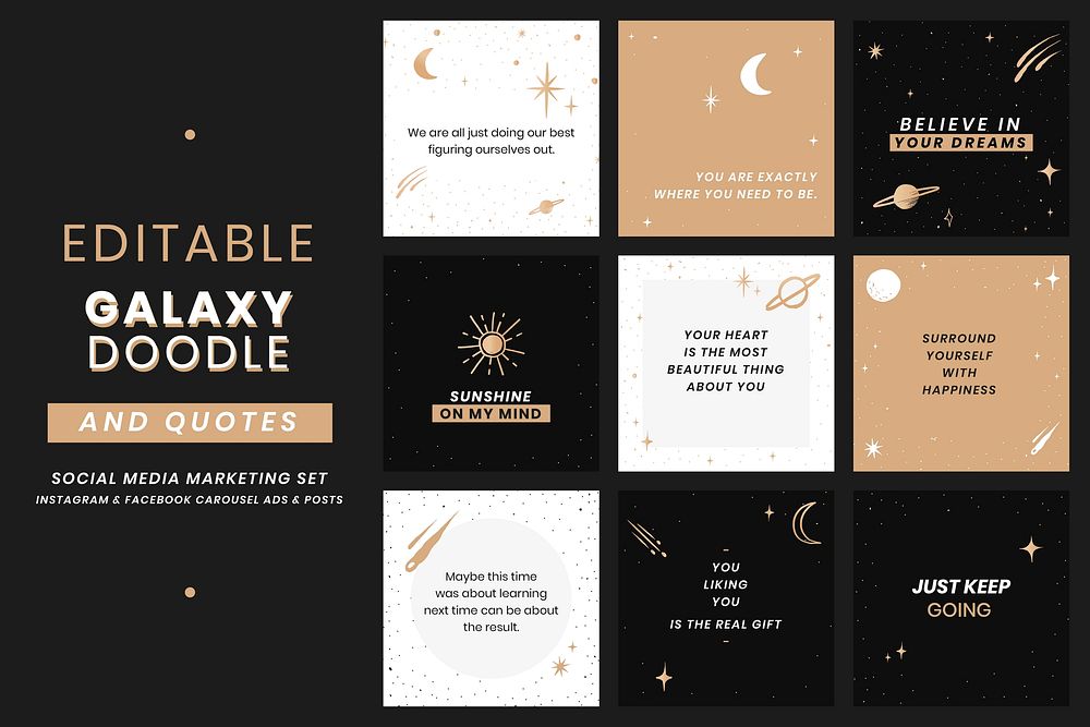 Vector editable positive quotes galaxy doodle template set