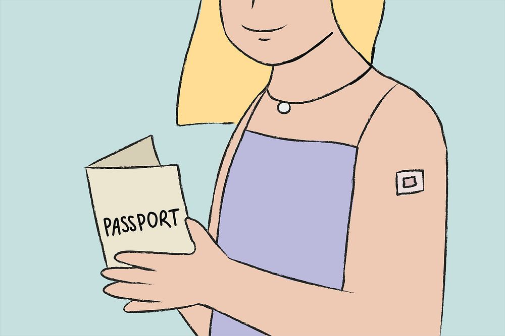 Hand drawn vaccination passport psd woman with character