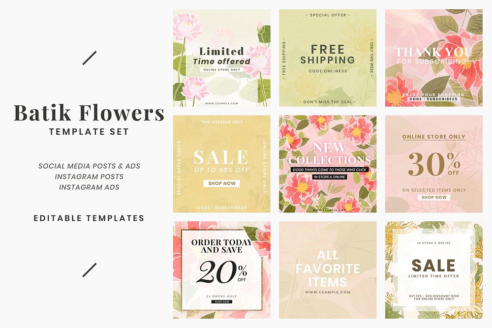 Editable templates with floral Batik motif flower background vector for social media post