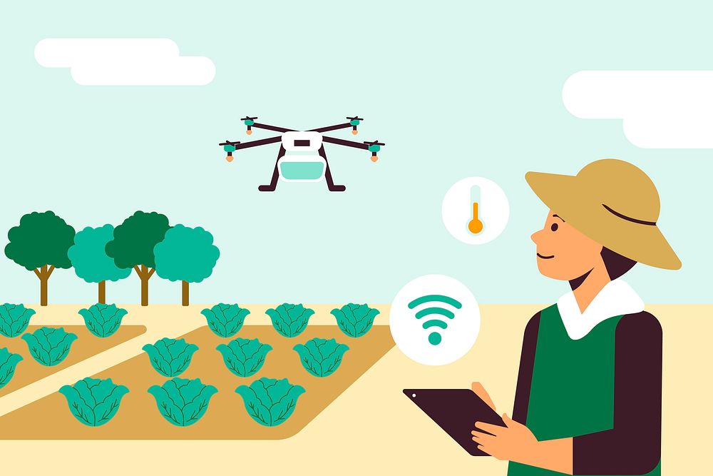 Farmers using agricultural drone vector smart farming sensor system