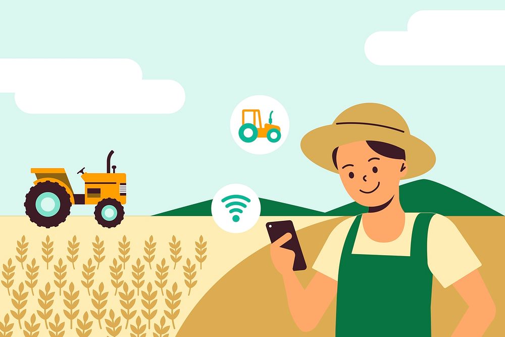 Farmer controlling smart tractor psd with a phone digital farming