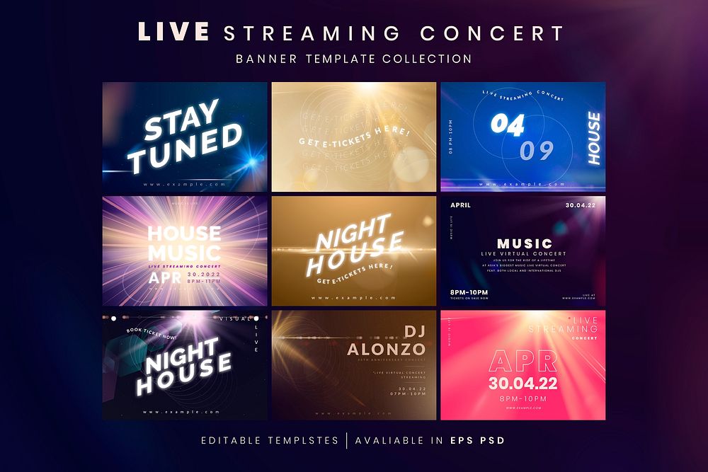Live streaming concert post vector set on light effect background