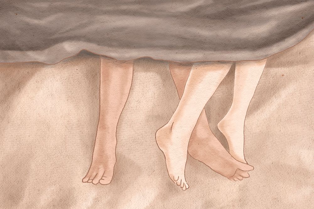Couple&rsquo;s feet on bed psd romantic Valentine&rsquo;s hand drawn illustration