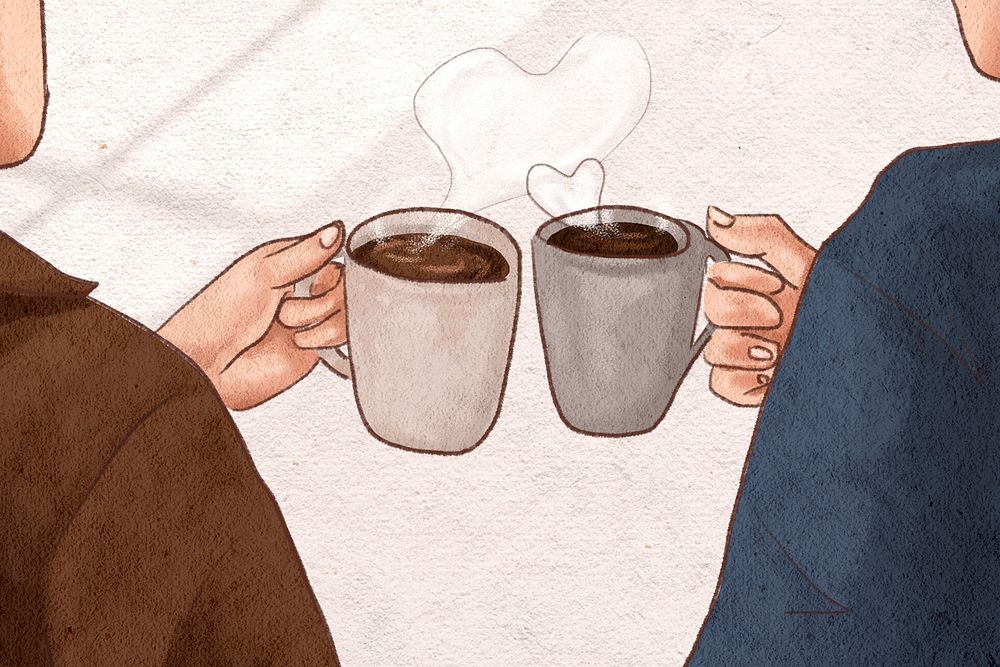 Romantic couple psd on a coffee date hand drawn illustration