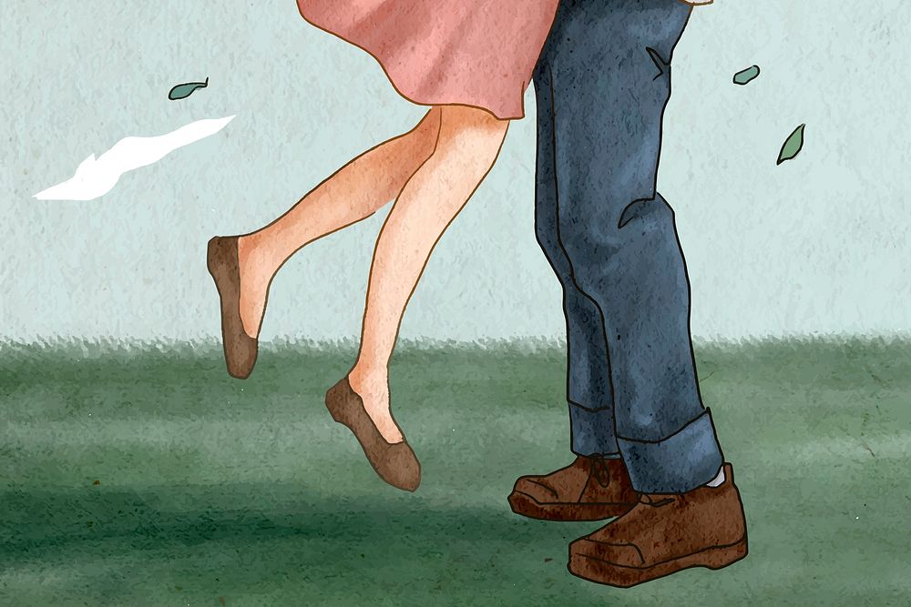 Couple jump hugging vector romantic Valentine&rsquo;s illustration