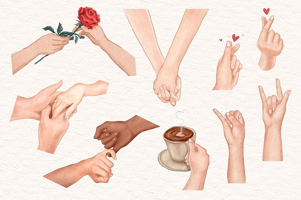 Couple hand gestures Valentine&rsquo;s psd aesthetic design elements set
