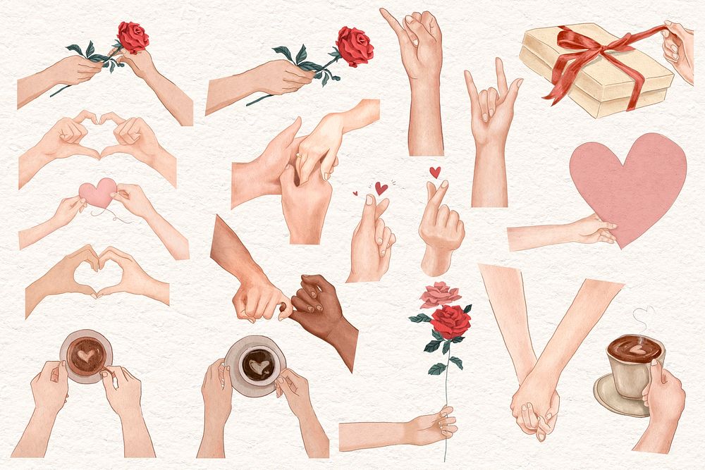 Romantic couple hand gestures psd for Valentine&rsquo;s day design elements set