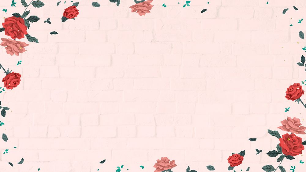 Valentine&rsquo;s red roses frame psd with pink brick wall background 