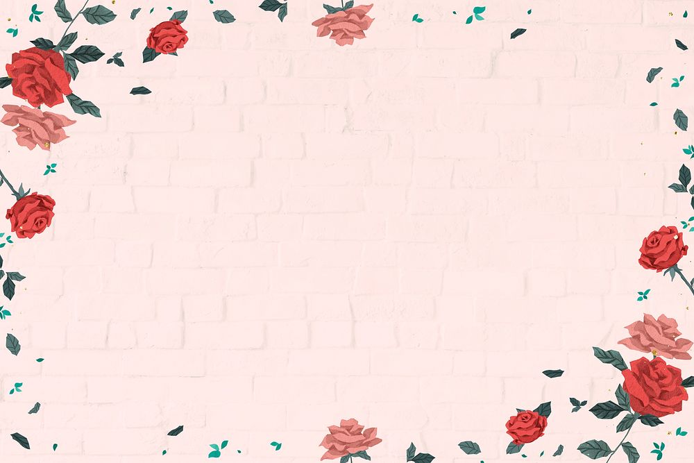Red roses Valentine&rsquo;s frame psd with pink color brick wall background