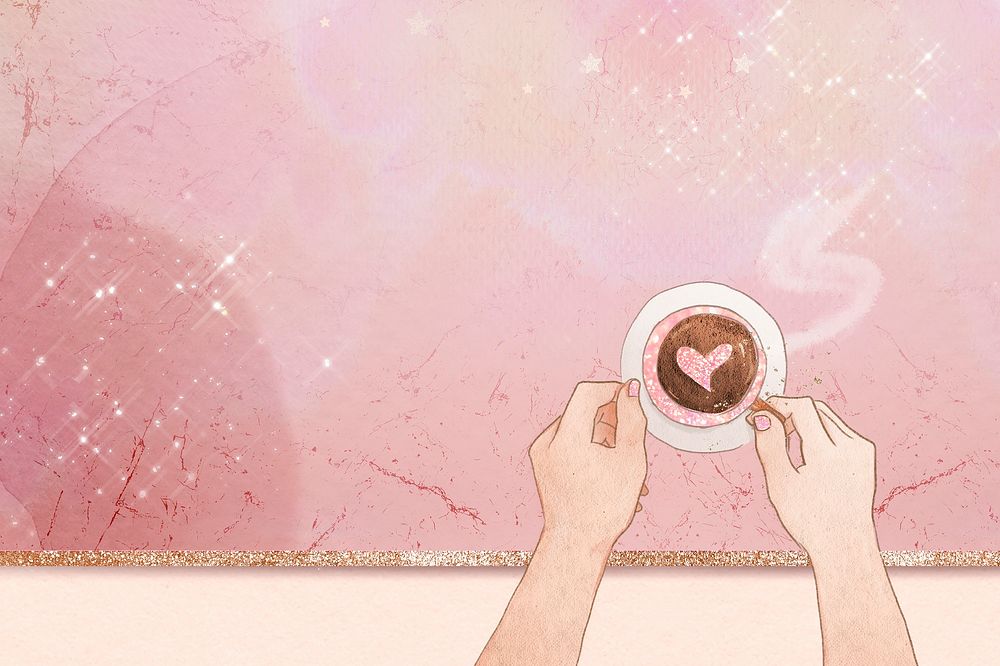 Heart latte art border in pink glittery marble texture background