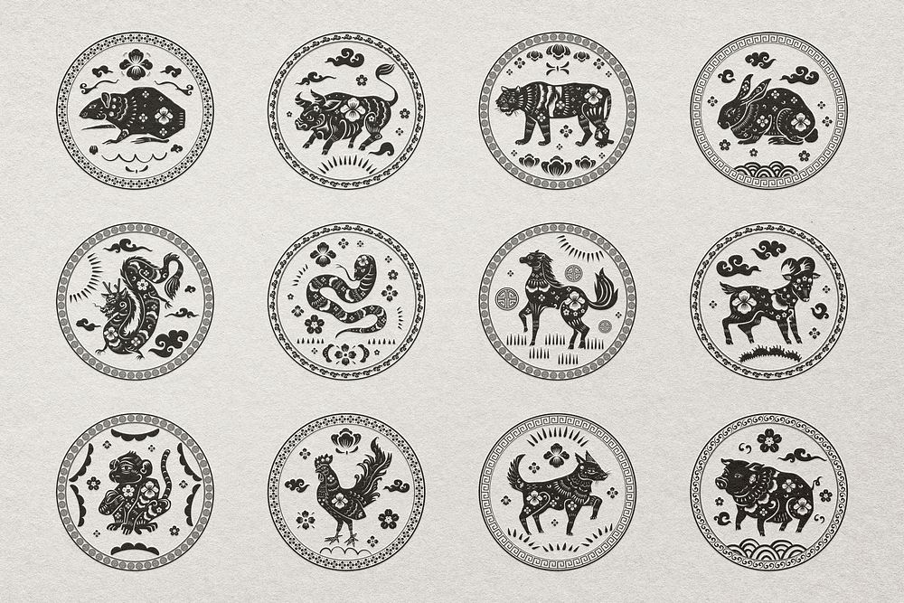 Chinese animal zodiac badges psd black new year stickers set