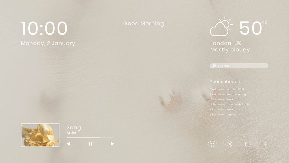Editable earth-tone desktop screensaver psd background with time, weather forecast, schedule and music player
