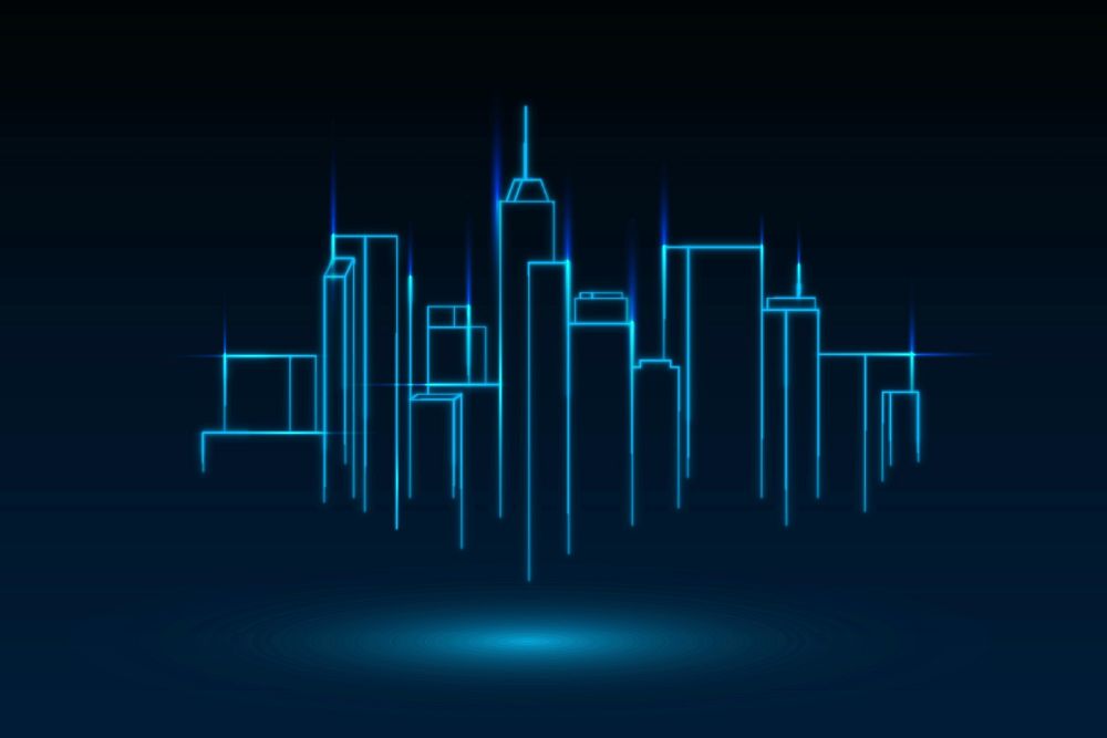 Construction technology hologram vector skyline of city graphic
