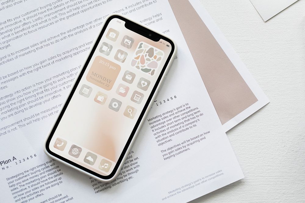 Phone screen mockup psd with hand holding in aesthetic beige widgets