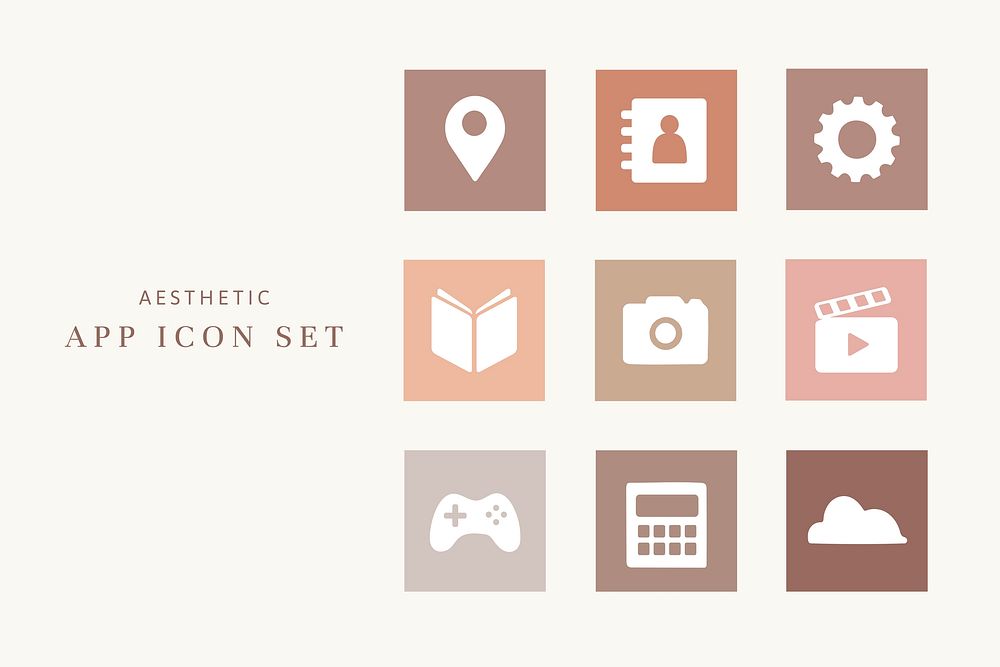 Mobile app icons psd beige theme simple flat style collection
