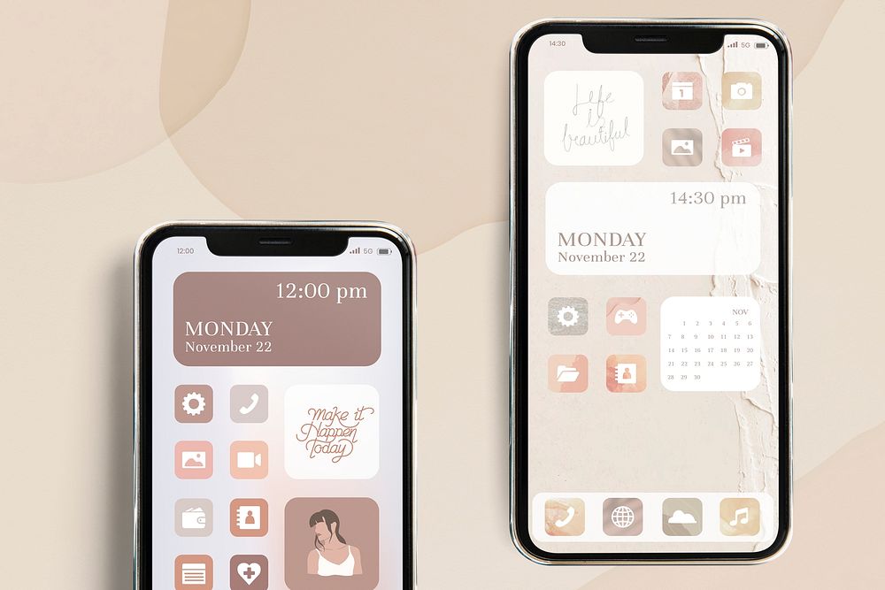 Phone screen mockup psd in beige widgets theme