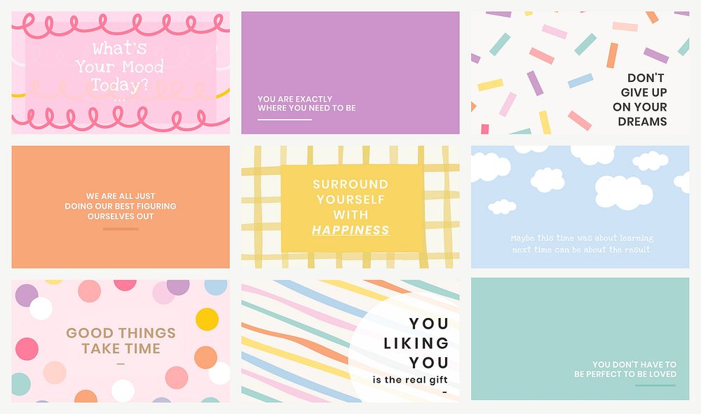 Editable template vector set in various pastel style backgrounds with inspirational