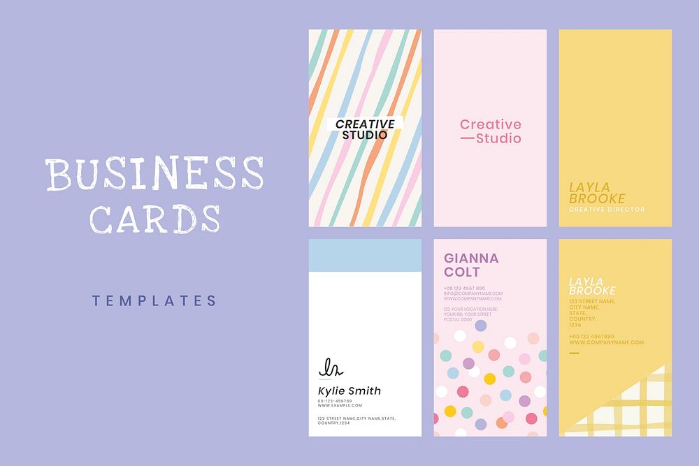 Editable business card template psd in cute pastel pattern set