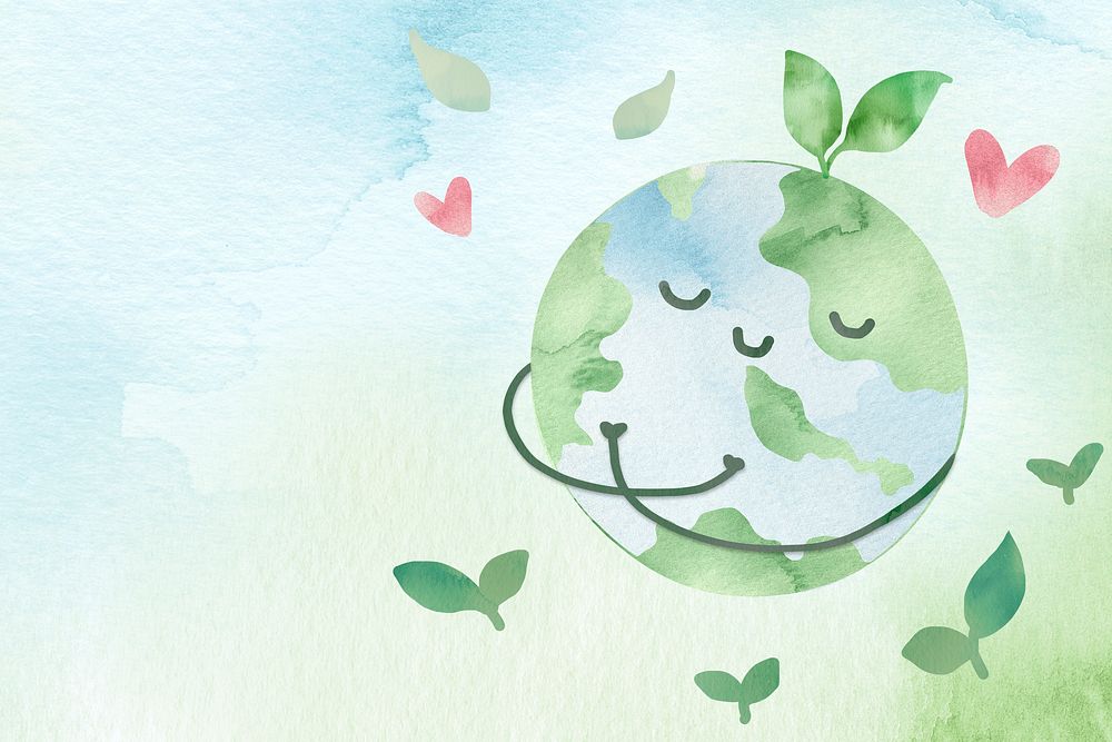 Watercolor background psd with globe hugging itself illustration