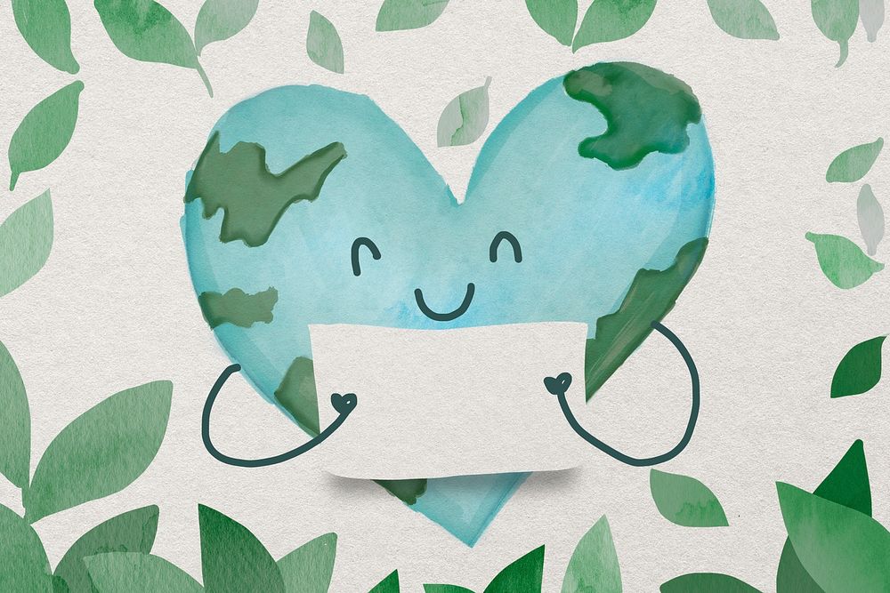 Environment conservation watercolor background psd with globe in heart-shape illustration