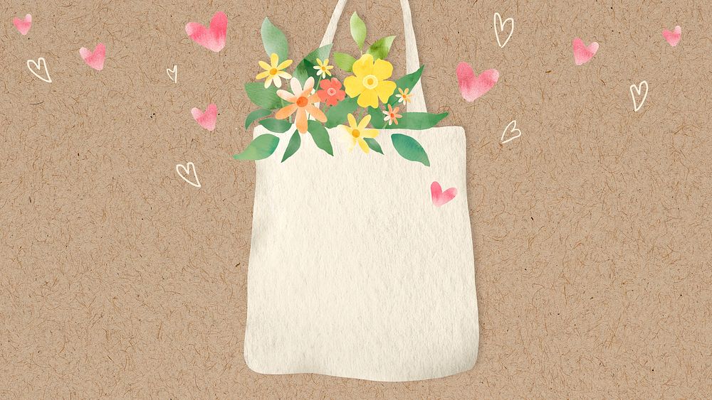 Eco-friendly background psd with flowers in tote bag illustration                                                           …