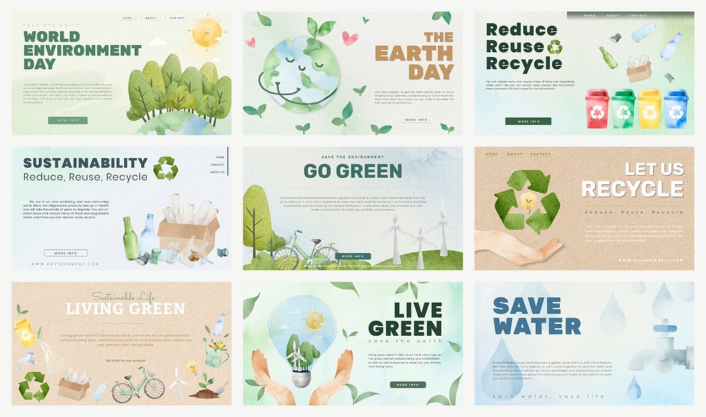 Editable presentation template vector for environment awareness campaign in watercolor set