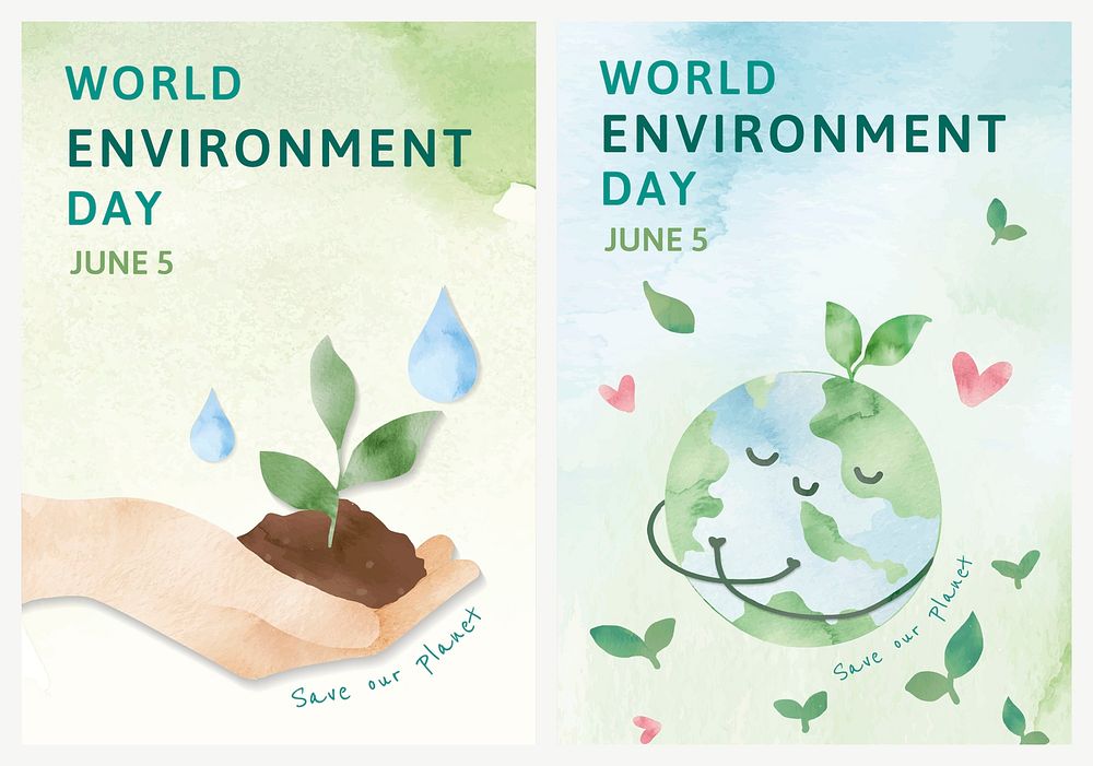 Editable environment poster template psd in watercolor set